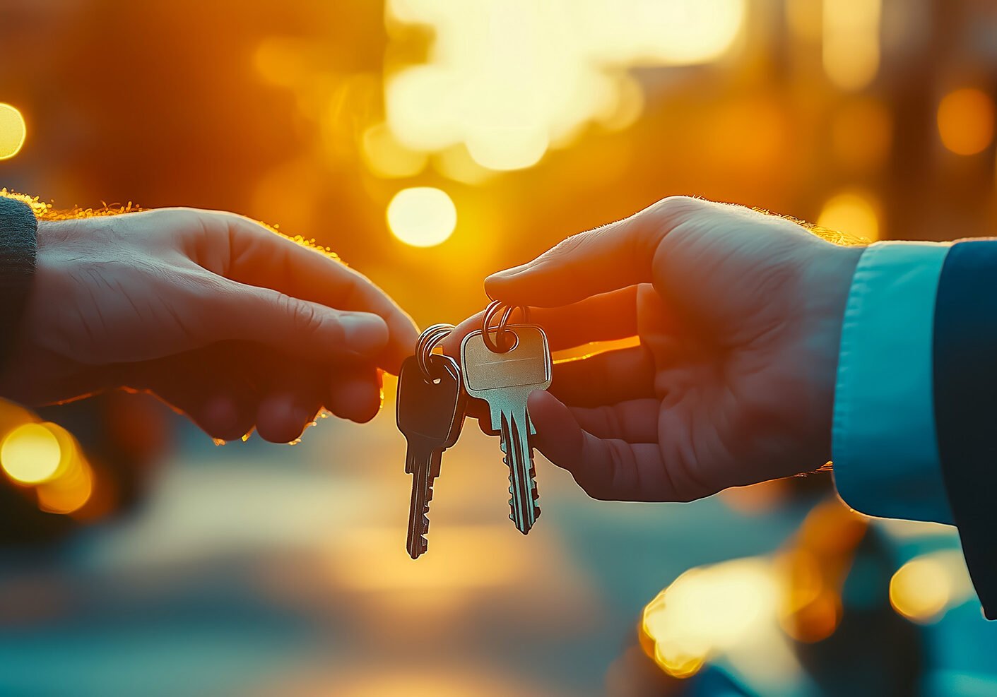 Two hands exchanging keys, illuminated by a warm sunset in an urban setting