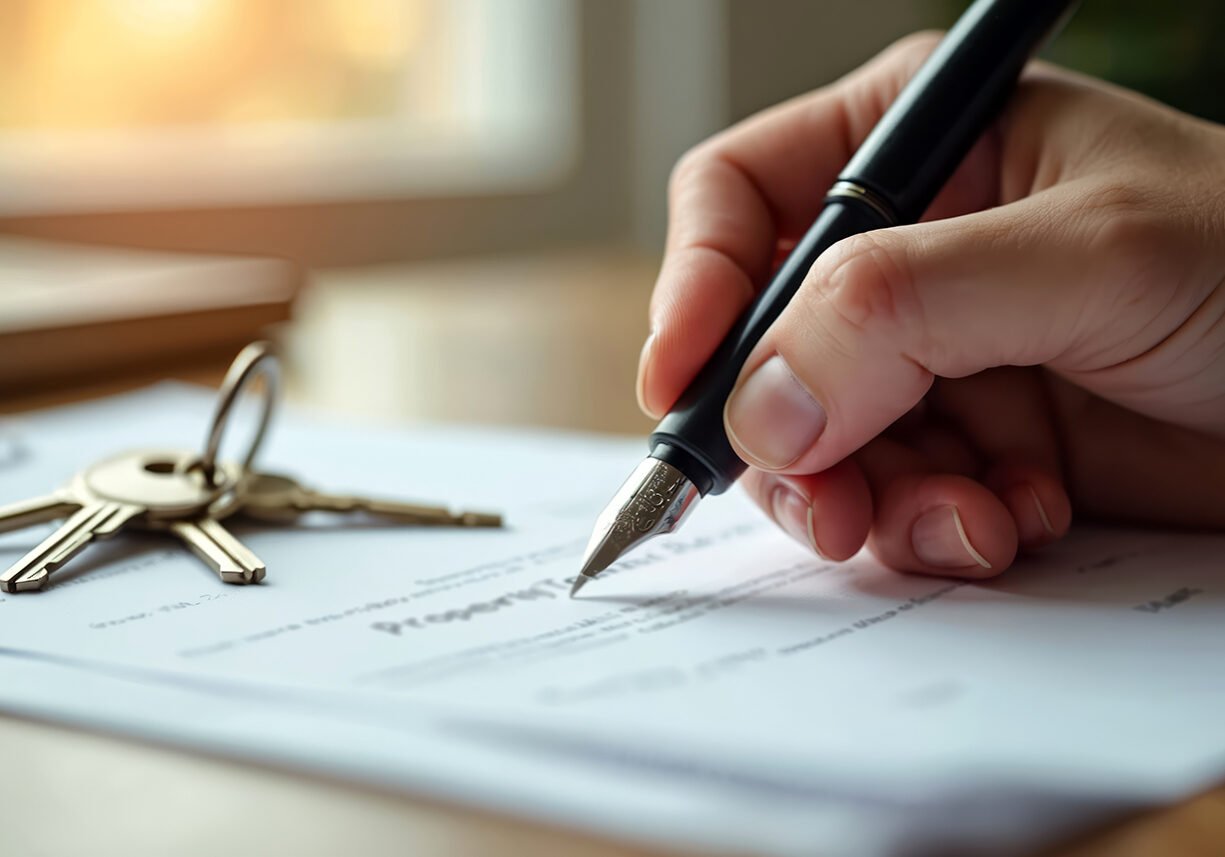 Hand holding pen signs property transfer document. House keys lie on table. Property purchase, real estate, house sale, mortgage loan. New home agreement. Legal documents contract signing.